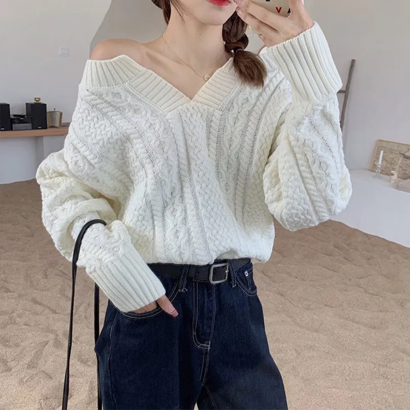 Sexy Twist Pattern Women Sweaters Solid Knitted V-neck Off Shoulder Lantern Sleeve Woman Ladies Jumpers 2021 Fashion Femme Tops | Женская