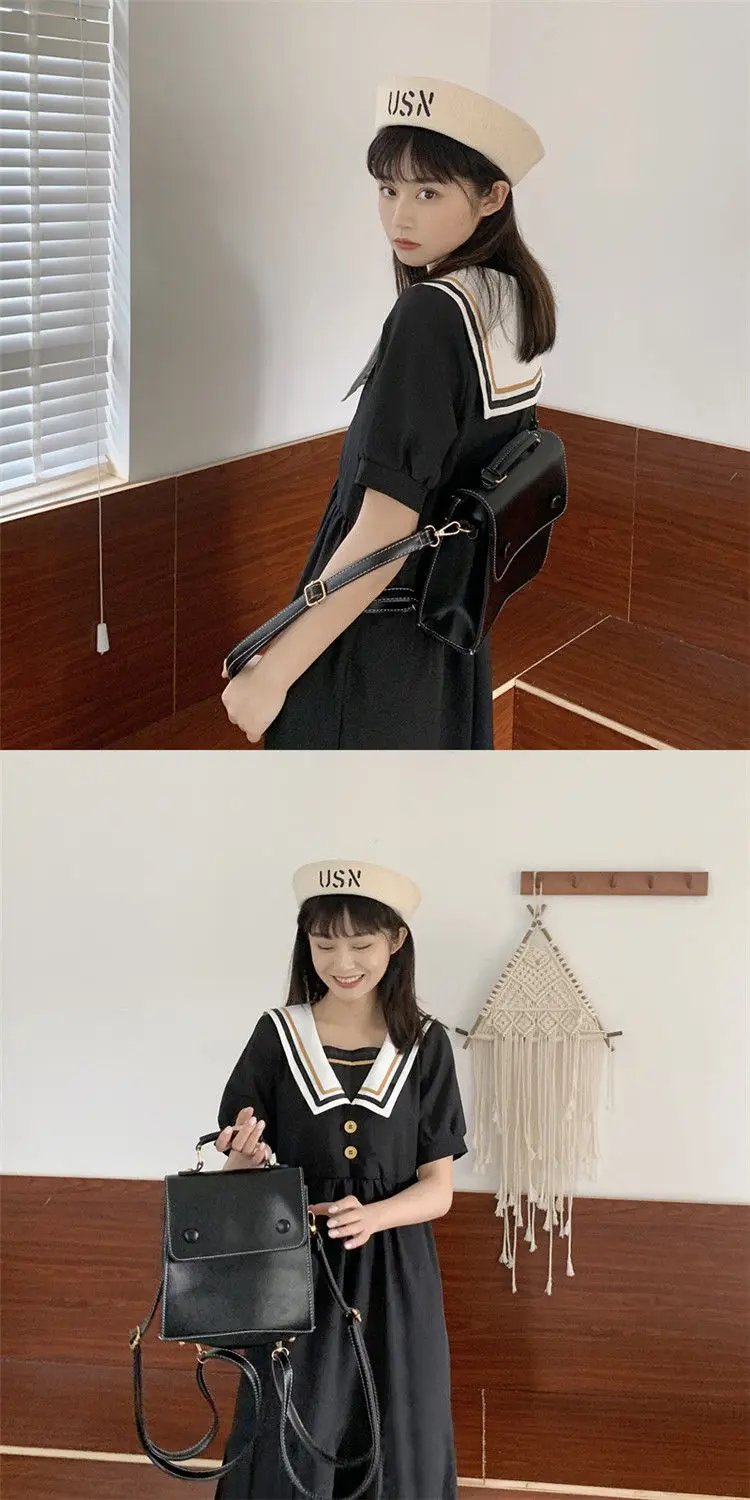 Short Sleeve Dress Sailor Collar Buttons A-line Loose Japan Kawaii Preppy-style Students Girls Sweet Ulzzang Fashion Vestidos jumper dress
