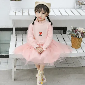 

Autumn And Winter Girls Stitching Mesh Sweater Dress 1-5 Y Puff Sleeve Stitching Strawberry Sweater Dress Baby Party Clothes