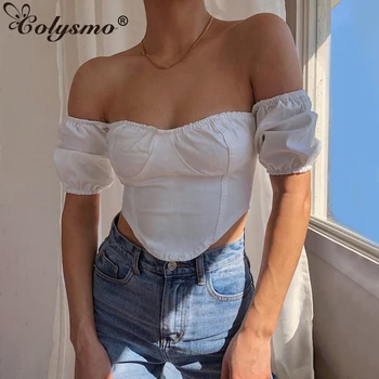 

Colysmo Sexy Off Shoulder Tops Women Vintage Slash Neck Puff Sleeve Backlrss Summer Short Blouse 2020 New White Casual Blusas
