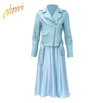 

Ready to Ship Blue Solid Buckle Belt Zipper Up Women Pu Leather Jacket Lining Inside Pockets Design Short Length Slim Fit Jacket
