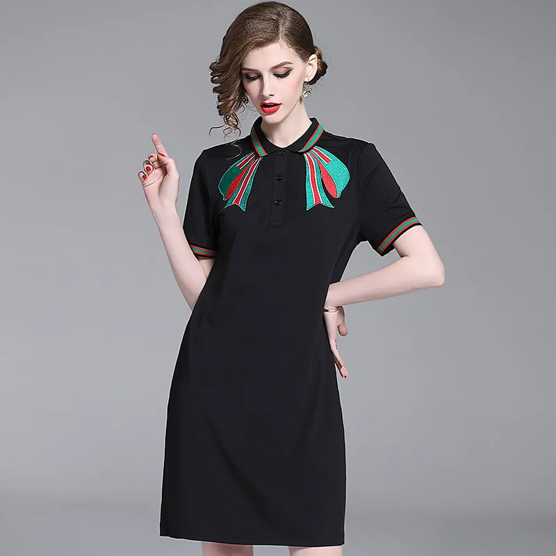 

Women's summer new dress 2020 summer retro contrast embroidered lapel loose knit one-step dress