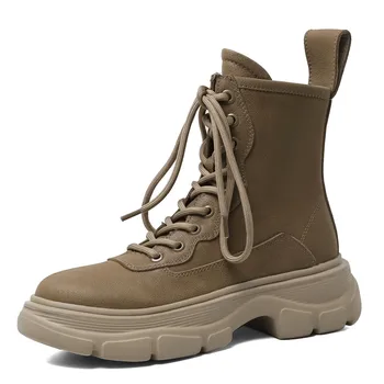 

New Thick Bottom Lace-up Zipper Ankle Boots Leather Casual Women's Short Boots 2020 Autumn Winter Round Toe Army Booties 2020