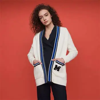 

Women Sweater 2019 Autumn / Winter Contrast Color Striped M Letter Embroidery Cardigan Coat