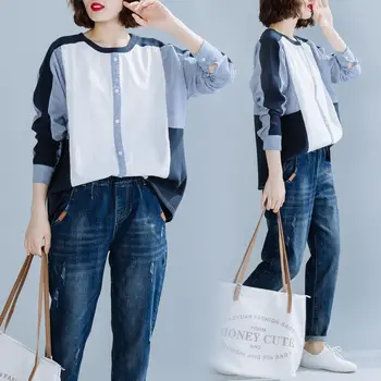 

COIGARSAM Casual Full Sleeve blouse women Spring Patchwork Loose blusas womens tops and blouses 9151