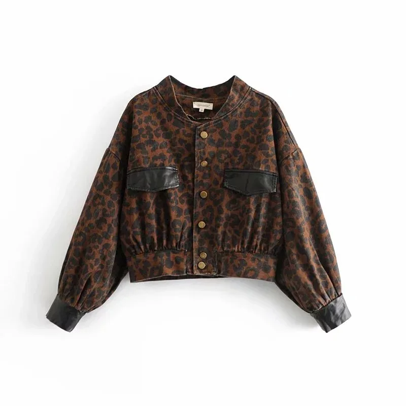

Ozhouzhan-Style LADY'S Denim Jacket 18 Autumn And Winter New Style Leopord Pattern PU Leather Joint Loose-Fit Short Jacket