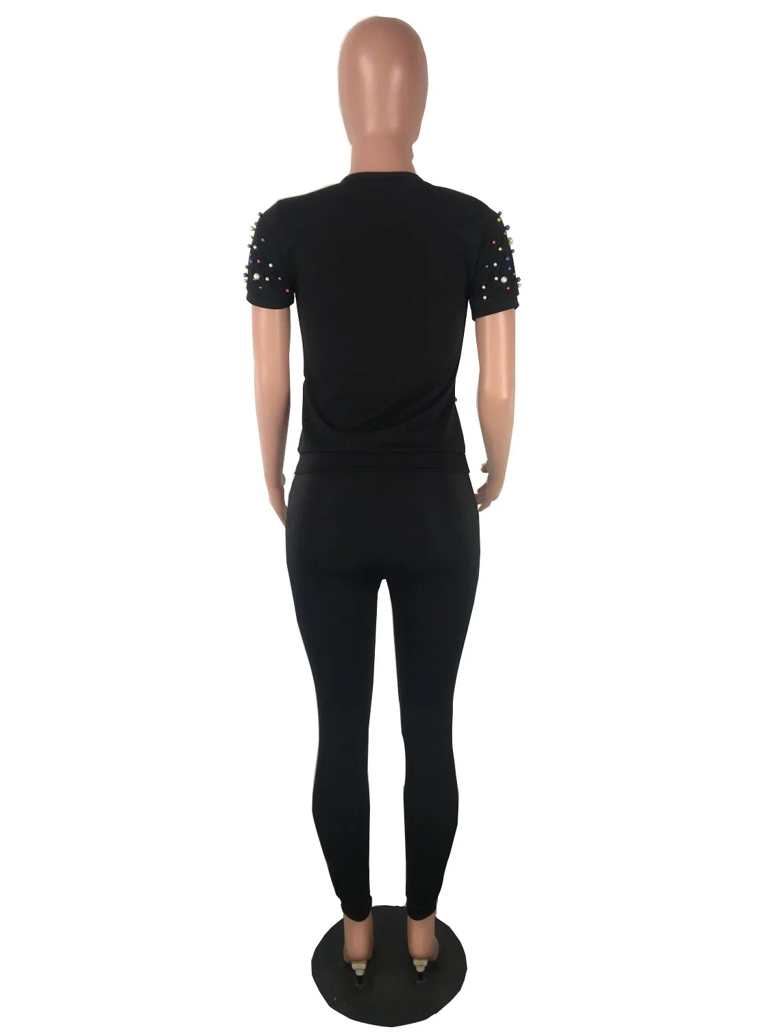 Черный спортивный костюм с жемчужинами и бисером, Женский комплект из двух предметов, уличная футболка, топы и набор для бегунов, костюмы, повседневные Костюмы, 2 шт