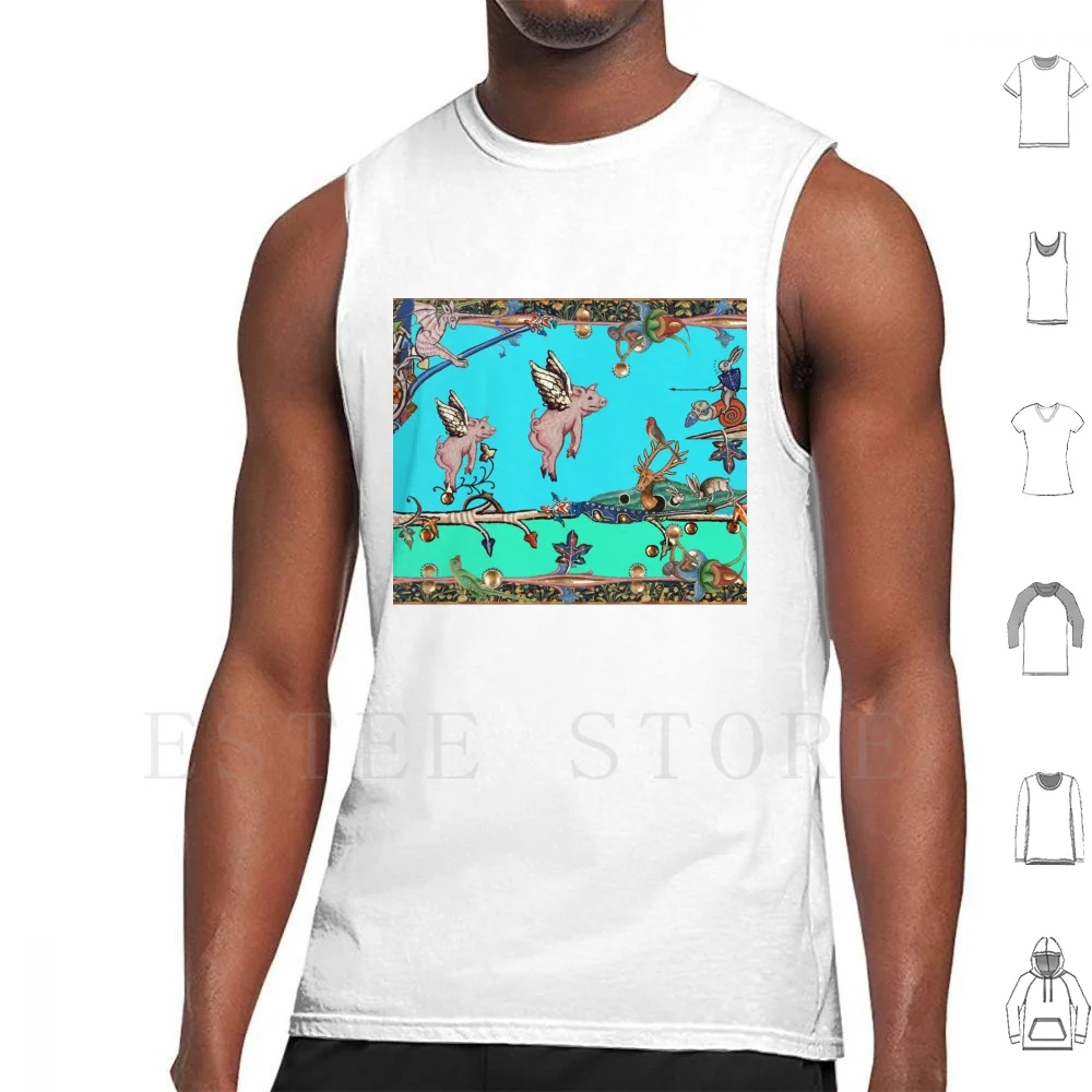 

Weird Medieval Bestiary , Flying Pigs , Unicorn And Killer Rabbit In Teal Blue Tank Tops Vest Sleeveless Unicorn Monkey