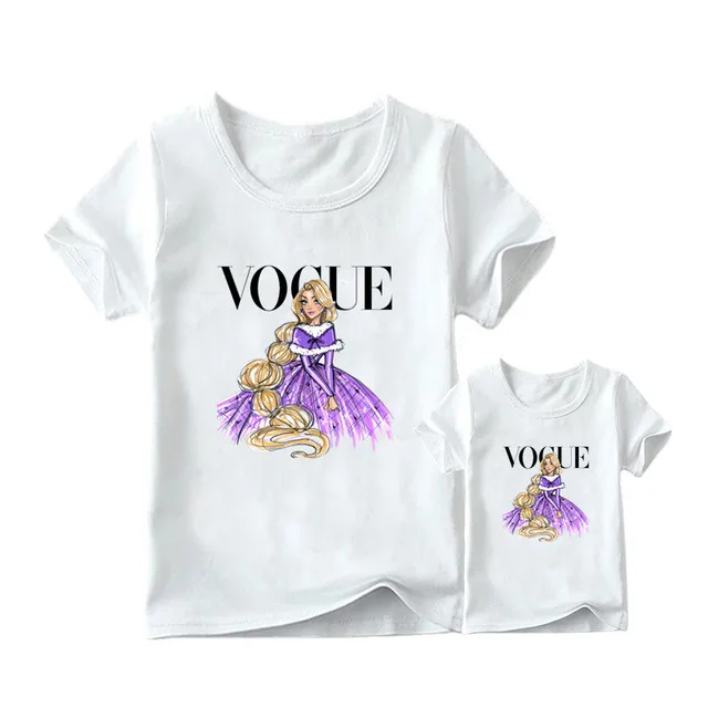 VOGUE Princess Print Mother and Daughter Outfits T-shirt Lovely Cartoon Family Matching Clothes Mommy and Me Tshirt Family Look - Color: White