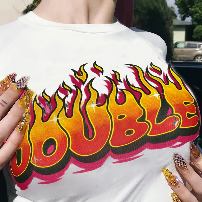 Rockmore Fire Flame& Letter Print T-Shirt Женская Повседневная футболка с коротким рукавом женская облегающая укороченная футболка с круглым вырезом основные рубашки тройника