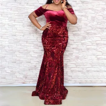

Floor-Length Off Shoulder Sequins Evening Women Dress Vintage Red Short Sleeve Velvet Sexy Long Party Dress African Ladies Retro