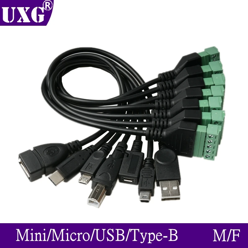USB 2.0 Female B to Micro, Mini, Type-C Male Connector with Shield Terminal Bolt Screw - 5 Pin Female Adapter Cable (1ft) Description Image.This Product Can Be Found With The Tag Names Mini usb type b female socket 5 pin, Usb 20 mini b 5 pin female plug adapter, Usb adapter cable mini 5 pin female