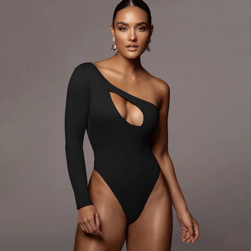 Cryptographic 2021 Spring Sexy Cut-Out Women's Bodysuits Elegant Club Party Solid Tops One Shoulder High Waist Bodysuit Rompers brown bodysuit