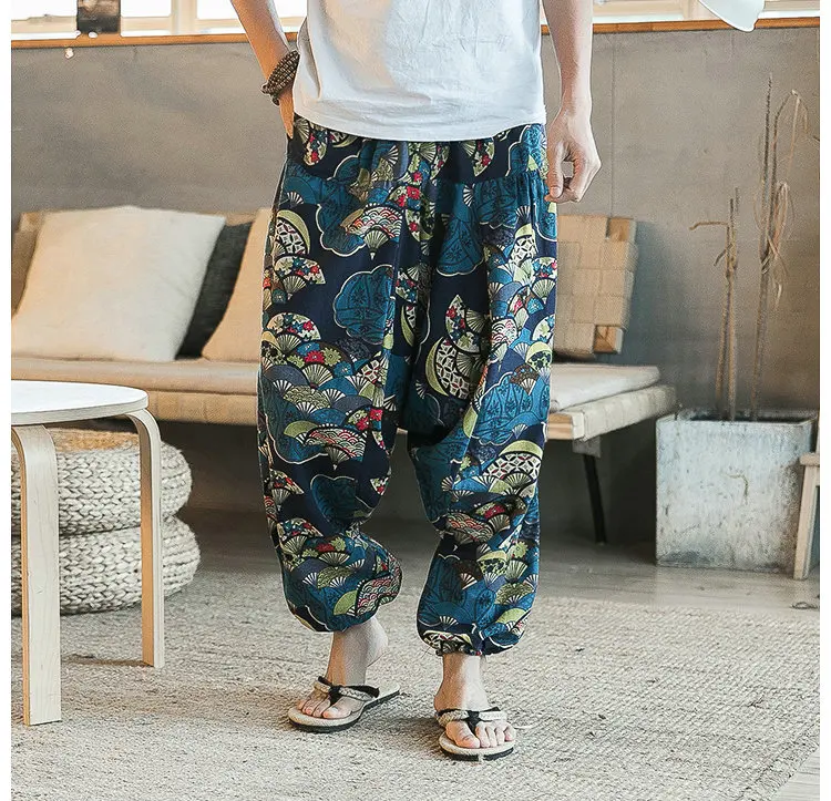Nice Harajuku Cotton Linen Harem Cross Pants Men Jogger Pants Male Summer Floral Print Hawaii Beach Pants Trousers
