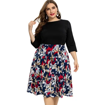 

Siskakia Plus Size Women Dresses Elegant O neck 3/4 Sleeve Slim Waist Pleated Swing A Line Dress 5XL Black Floral Dot Patchwork