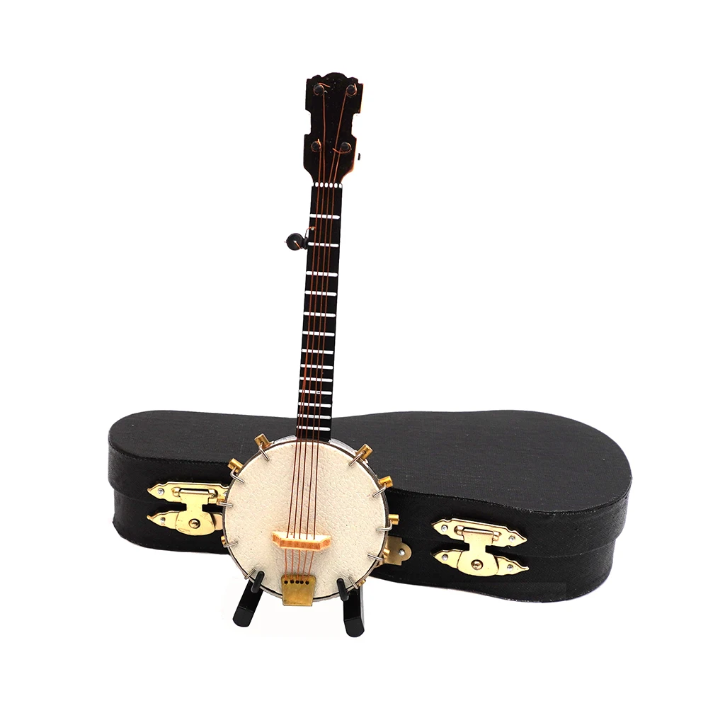 1Pcs Miniature Banjo Model with Support and Case Mini Musical Instrument Dollhouse 1/6 Action figure Accessories bjd