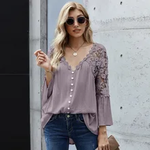 

Women Hollow Lace Stitching Shirt Temperament Spring Autumn Loose Fashion V-Neck Pullover Shirt Single-Breasted Tops Boho Blusas