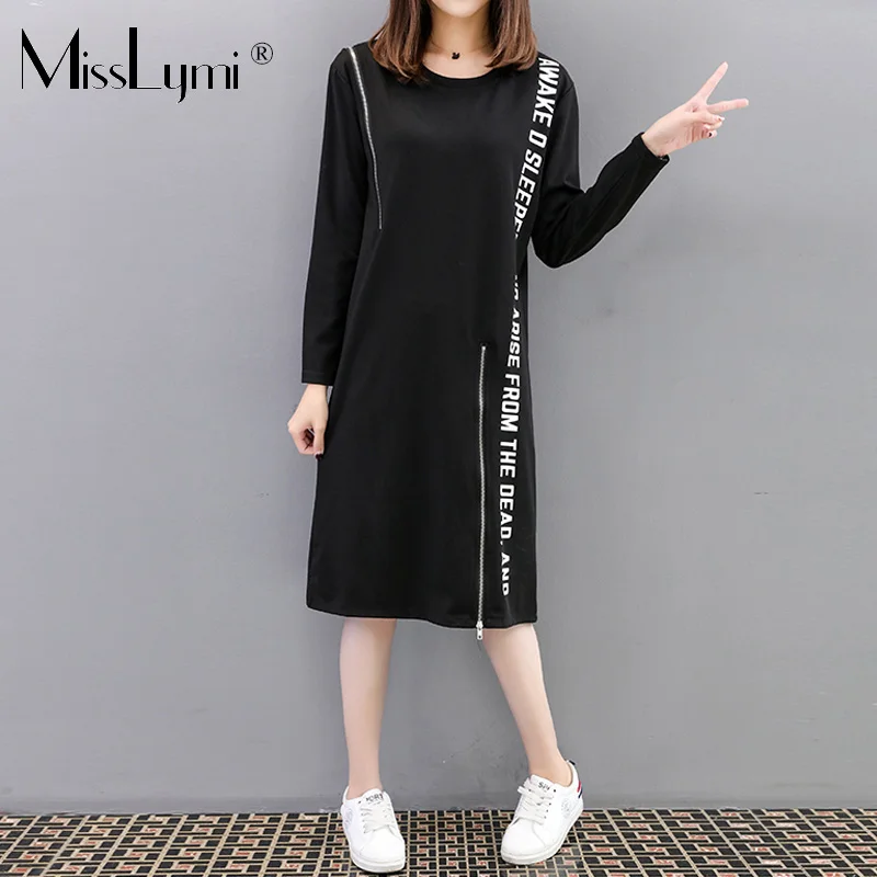 Comprar XXXL 4XL de talla grande para mujer vestido camiseta negro primavera 2019 moda estampado de letras manga larga cremallera Patchwork suelto vestidos casuales