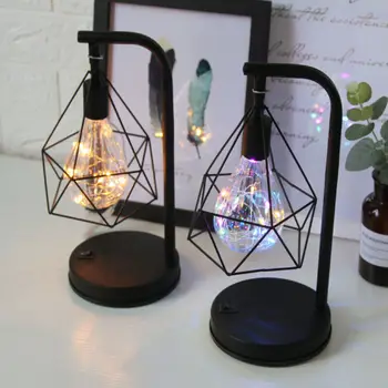 

LED Table Lamps Retro Black Geometric Wire Industrial LED Light Bulb Table Lamps Bed Side Battery Table Lamp