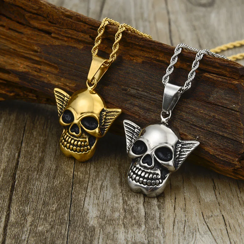 Valily Stainless Steel Skull Pendant For Man Punk Jewelry Angel Wings Necklace wholesale | Украшения и аксессуары