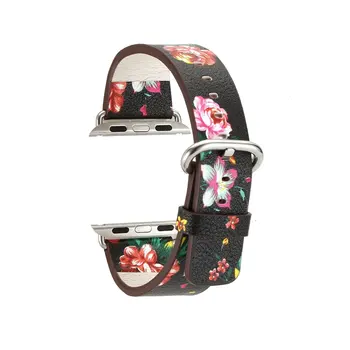 

Floral Printed 38/42mm Replacement Watchband for Apple Watch National Black White Leather Watch Band Strap for Apple Watch