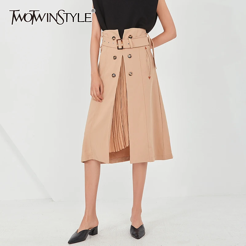 

TWOTWINSTYLE Patchwork Ruched Sashes Skirt For Women High Waist Irregular Casual Skirts Female 2020 Fall Fashion New Clothing
