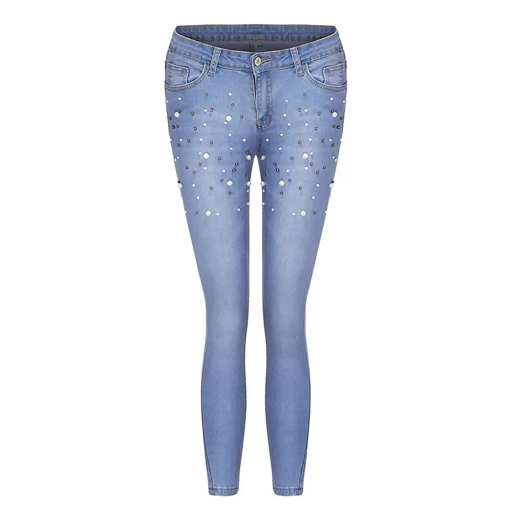 Женские стрейчевые узкие облегающие джинсы на молнии с жемчугом, сексуальные женские джинсы с высокой талией, повседневные узкие брюки, джинсы с эффектом пуш-ап