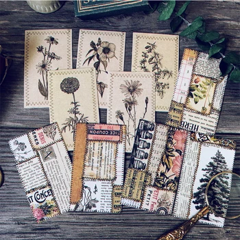 

10PCS Junk journal retro imitation stitch line plant pattern thick card material DIY scrapbooking collage diary decorative card