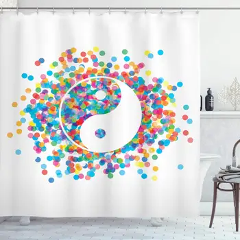 

Ying Yang Shower Curtain, Rainbow Color Effect Graphic Design on Ying Yang Sign Themed Peace, Cloth Fabric Bathroom Decor Set