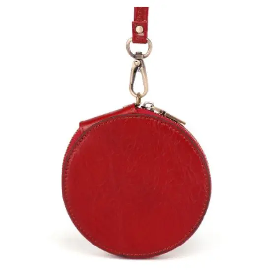 Genuine Leather Coin Purse Bag For Women Girl Short Zipper Round Small Money Pocket Bags Card Holder Wallet With Wraist Strap - Цвет: red