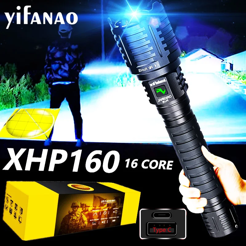 Most Powerful XHP160 16-Core LED Flashlight USB Rechargeable Torch Light 5Modes 