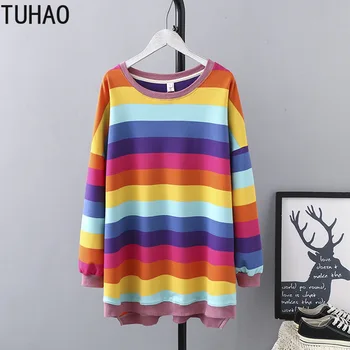 

TUHAO large size 3XL 2XL striped sweatshirt Multicolor Colorblock Fringe Round Neck Sweatshirt Preppy Style Pullover Sweatshirts
