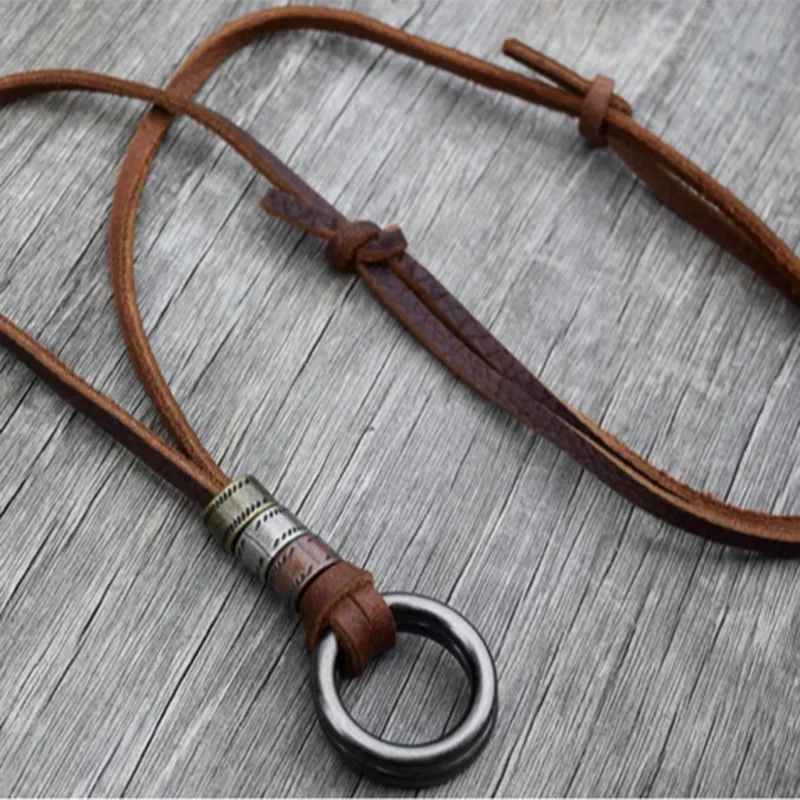 Men's Leather Necklace, Adjustable, Mixed Metal Circle Necklace