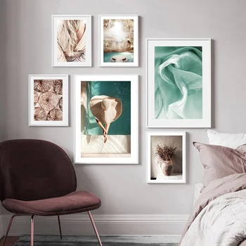 

Simple Style Landscape Green Posters Prints Hat Wall Art Nordic Canvas Woman's back Pictures for Living Room Home Decor