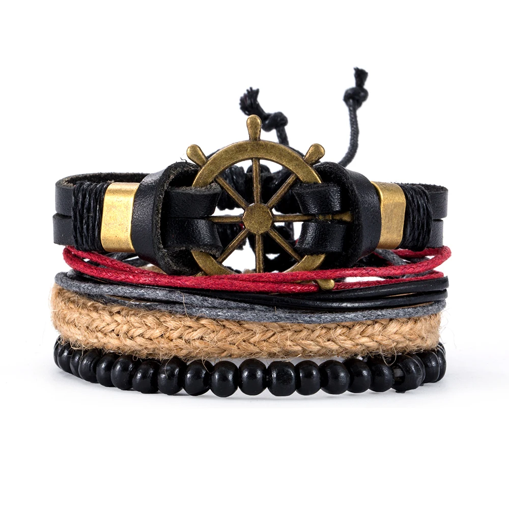 Retro Multi-layer Leather Bracelets Man Wooden Beads Bracelet Handmade Owl Anchor Infinty Charm Bracelet Wrap Jewel Bracelet Jewelry