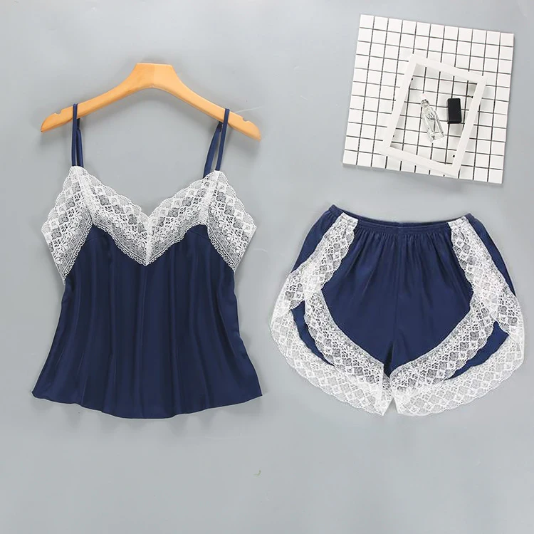 Женская синяя Пижама, комплект для сна, сексуальный комплект из 2 предметов, рубашка и шорты, Пижамный костюм, пижама, повседневный топ на