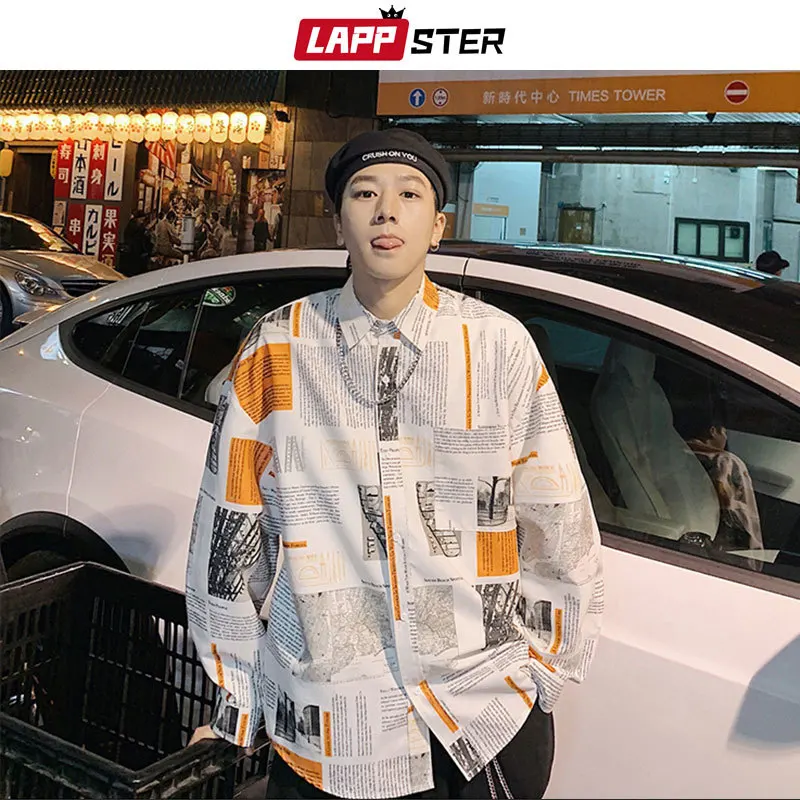 

Men Japanese Streetwear Shirts 2019 Summer Mens Color Block Hip Hop Long Sleeve Shirt Male Korean Designer Button Shirt