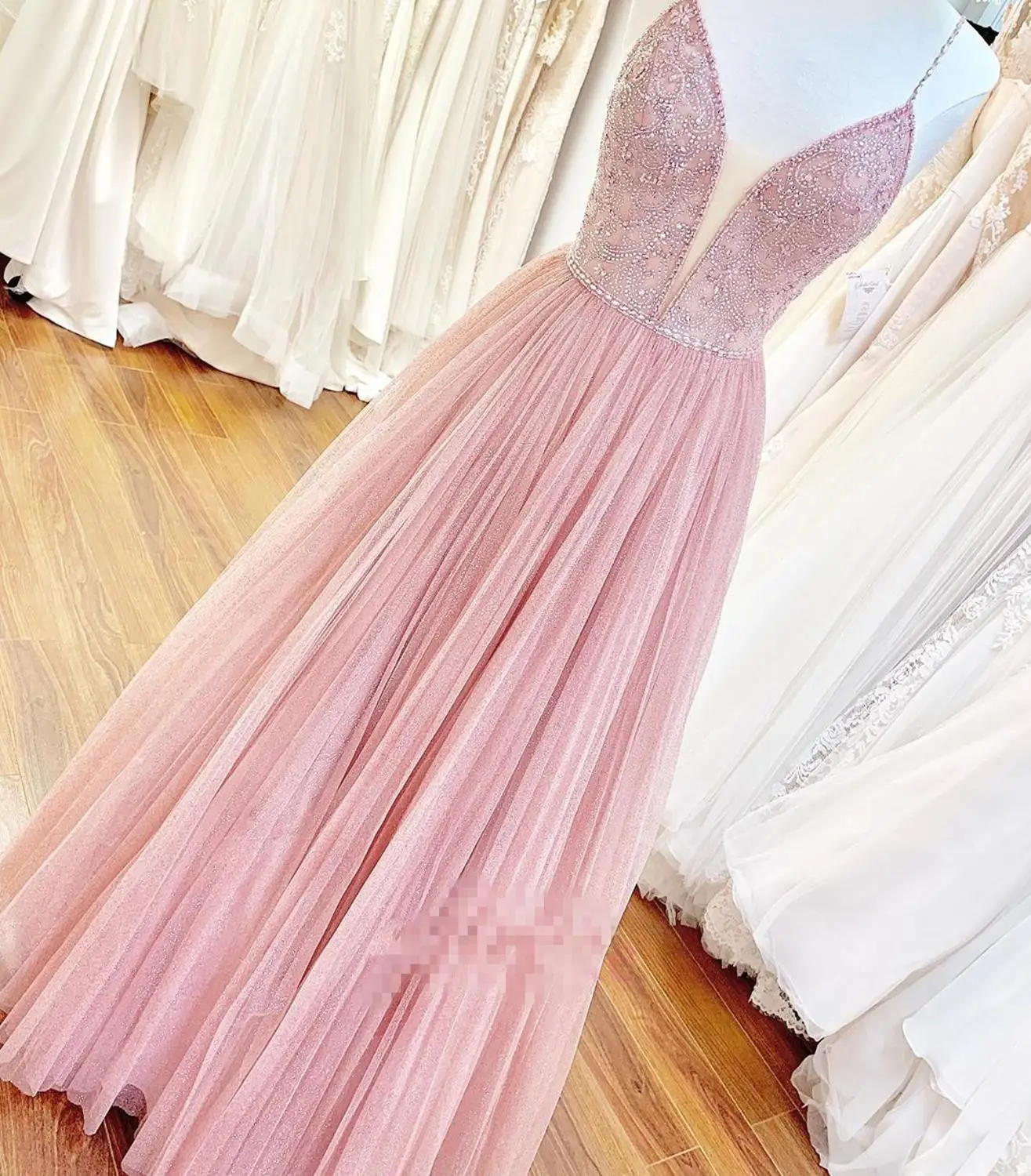 

Elegant V Neck A-line Women Dinner Dress Spaghetti Straps Beads Tops Tulle Formal Evening Gown robe de soiree