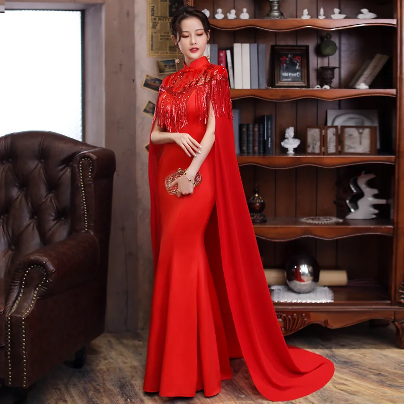 Sexy Mermaid Female Cheongsam Elegant Bling Sequins Dress Gown Temperament Mandarin Collar Maxi Vestidos Fairy Trumpet Qipao