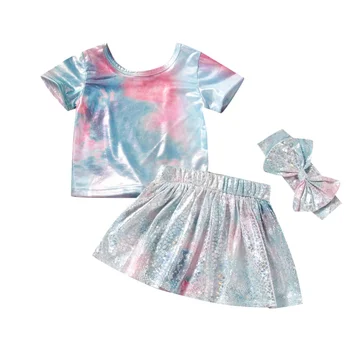 

Cute Summer Baby Girl's Solid Color Short Sleeve T-shirt Skirt Headband Kit Kid Two-piece Outfit Sets