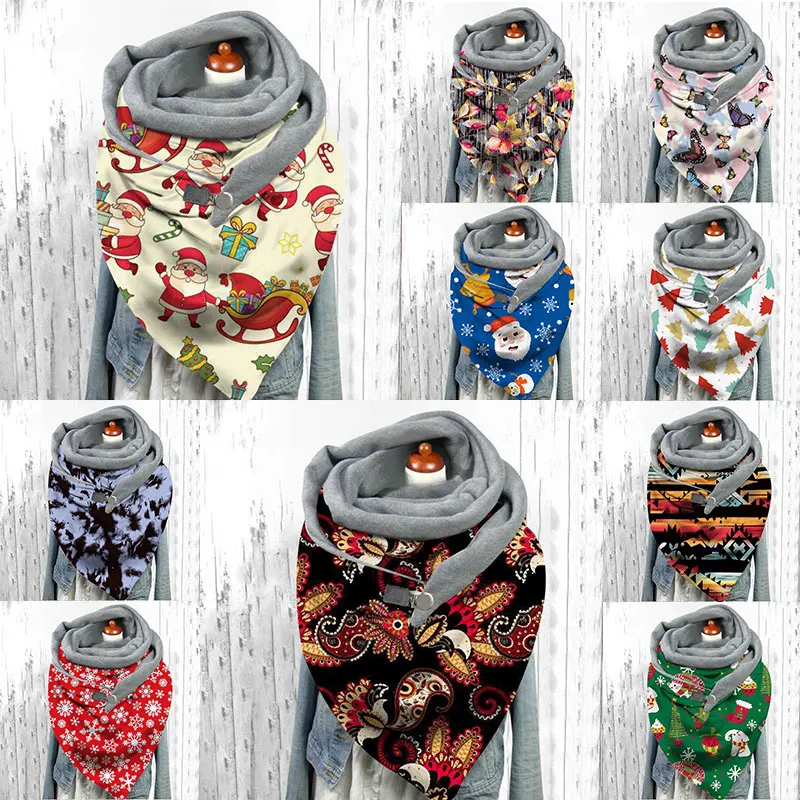 

Women Christmas Printing Scarf Multi-Purpose Shawl Triangle Scarves Wraps Plus Velvet Butterfly Pattern Neck Warm Button Scarf
