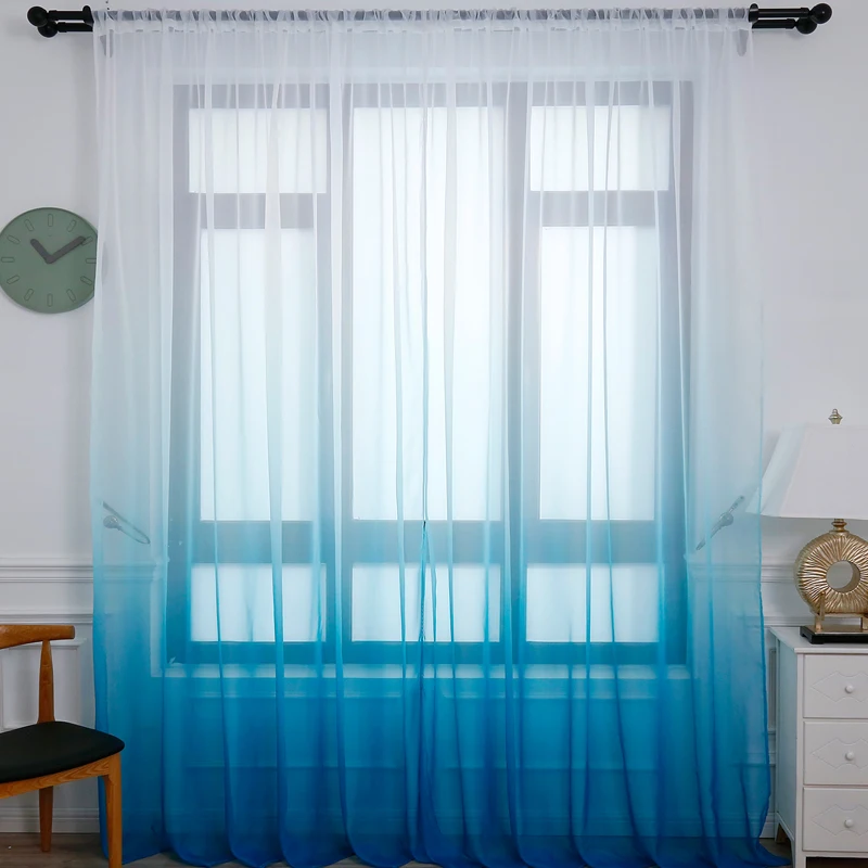 Modern Blue Gradient Sheer Curtains For Living Room Bedroom Tulle Decorative Kitchen Hotel Window Panels
