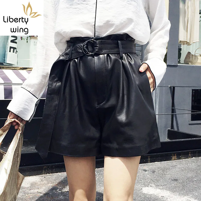 

Шорты женские из натуральной кожи, с высокой талией, широкие, в стиле панк