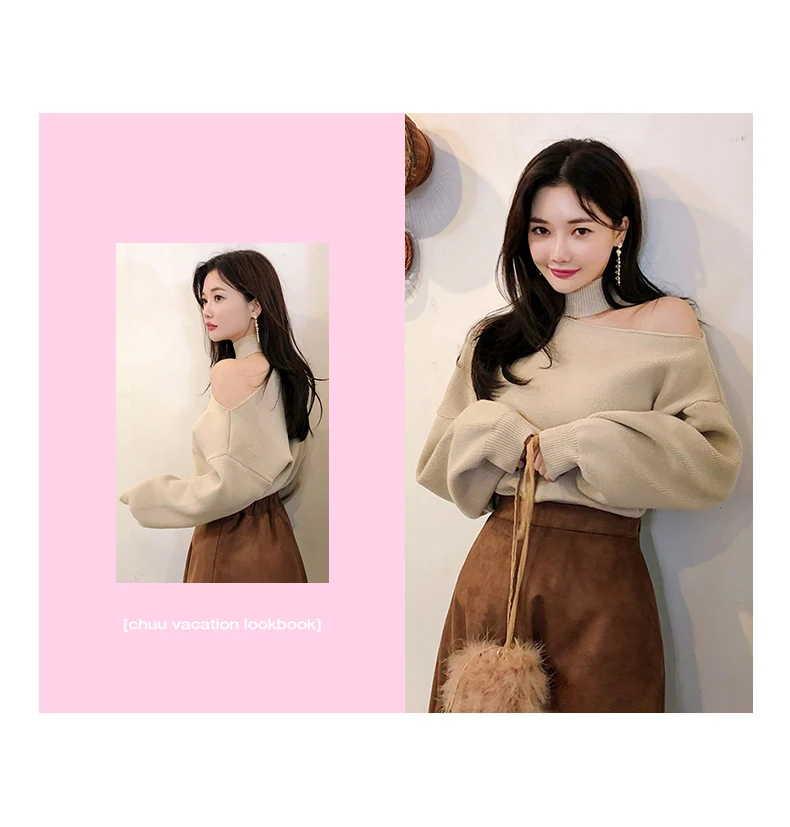 Autumn New Women's Hanging Neck Pullovers Sweater Knitting Bare Shoulder Irregular Fashion Casual Elegant Tops T98323D