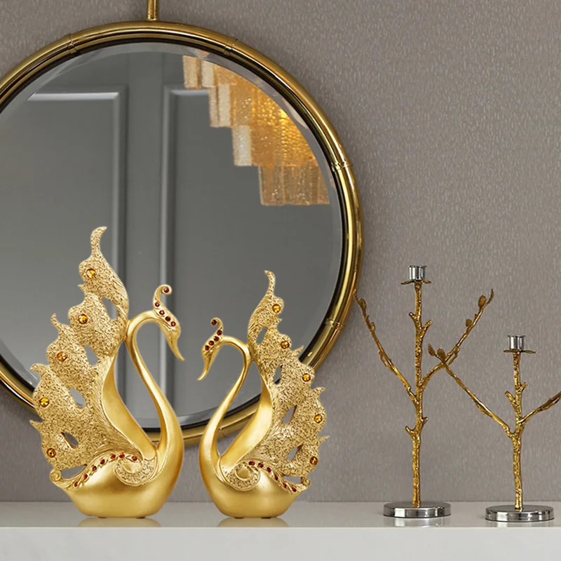 A Pair Golden Swan Sculpture Statue Living Room TV Cabinet Ornaments Wedding Gift for Friends Lovers Home Decoration Accessories