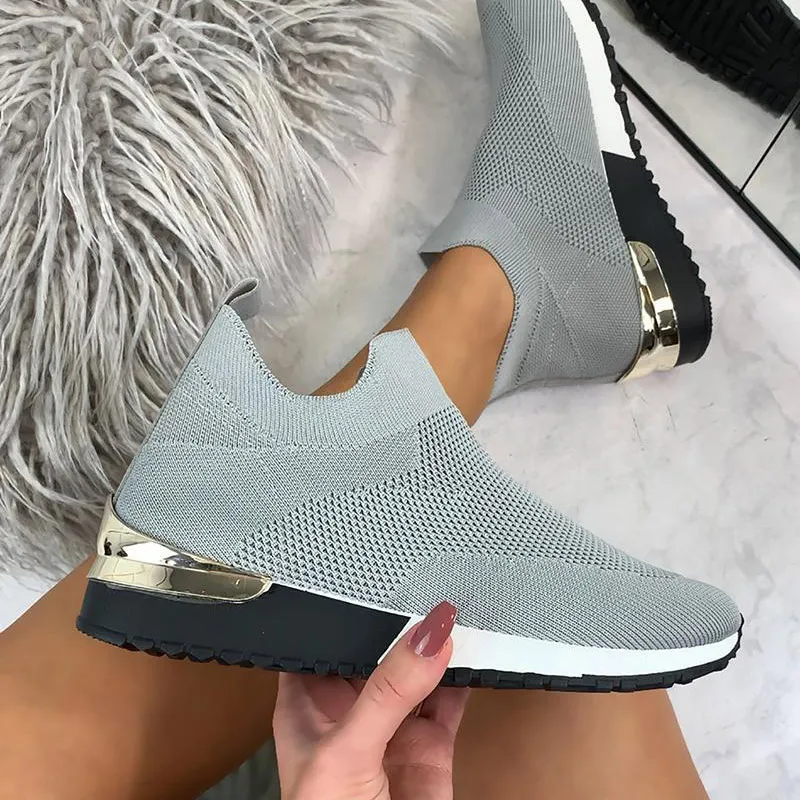 Zapatillas de deporte vulcanizadas para mujer, zapatos de punto sin cordones de Color sólido, deportivas informales de malla para mujer 2021