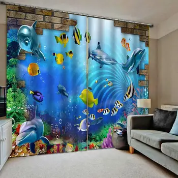 

High quality custom 3d curtain fabric Underwater world dolphin fish Luxury Blackout 3D Window Curtain For Living Room