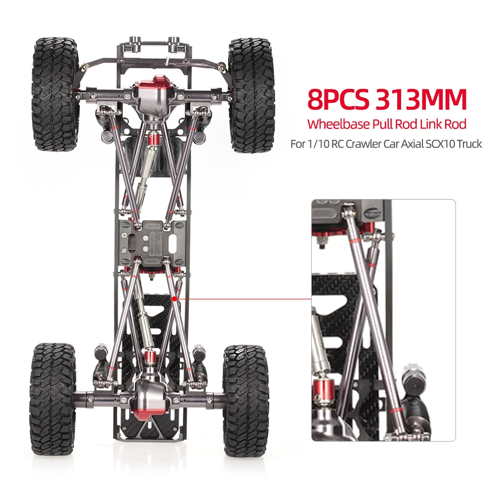 

8pcs Alloy 313mm Pull Rod Link Rod Wheelbase Aluminum for 1/10 RC Crawler Car Axial SCX10 Truck