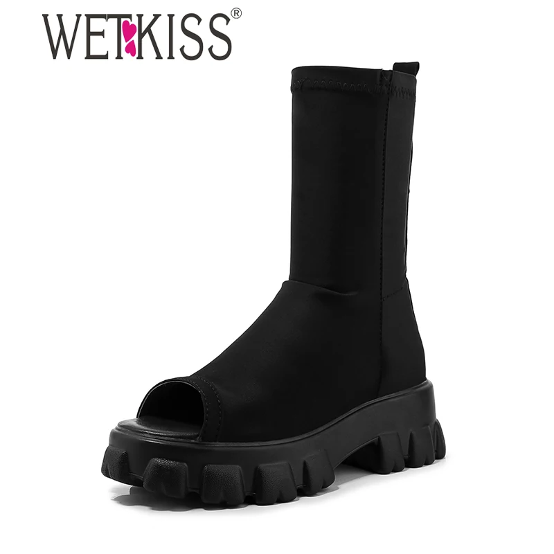 

WETKISS Fashion Women Boots Sexy Peep toe Wedges Boots Platform Shoes Woman Flat Ladies Boots Summer Shoes Rivets Big Size 46