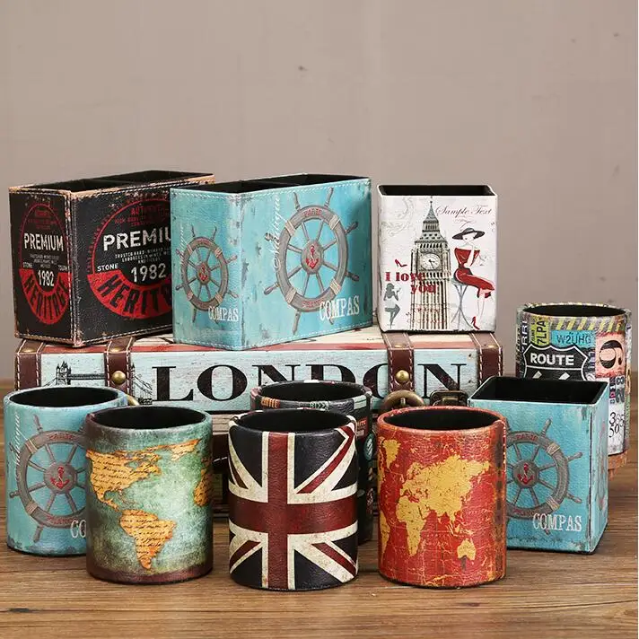 Pen Holder Desk Organizer Pen And Brush Holder Sharkbang Vintage PU Leather Desktop Pen Holder Desk Organizer Storage Box School Office Stationery Accessories